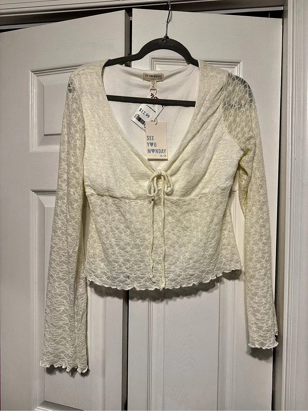 See You Monday Lace Tie Front Blouse in Cream Size XL NWT
